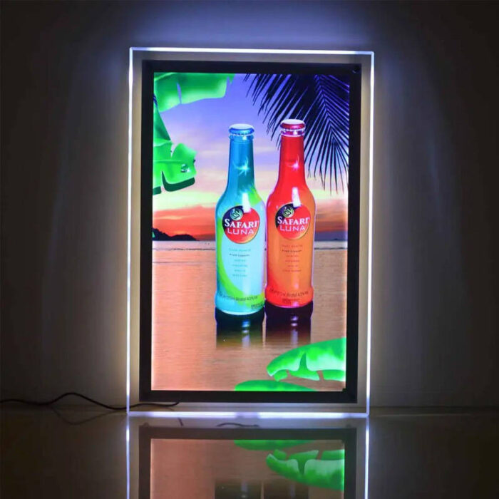 wall mounted crystal light box with drink bottle design graphic