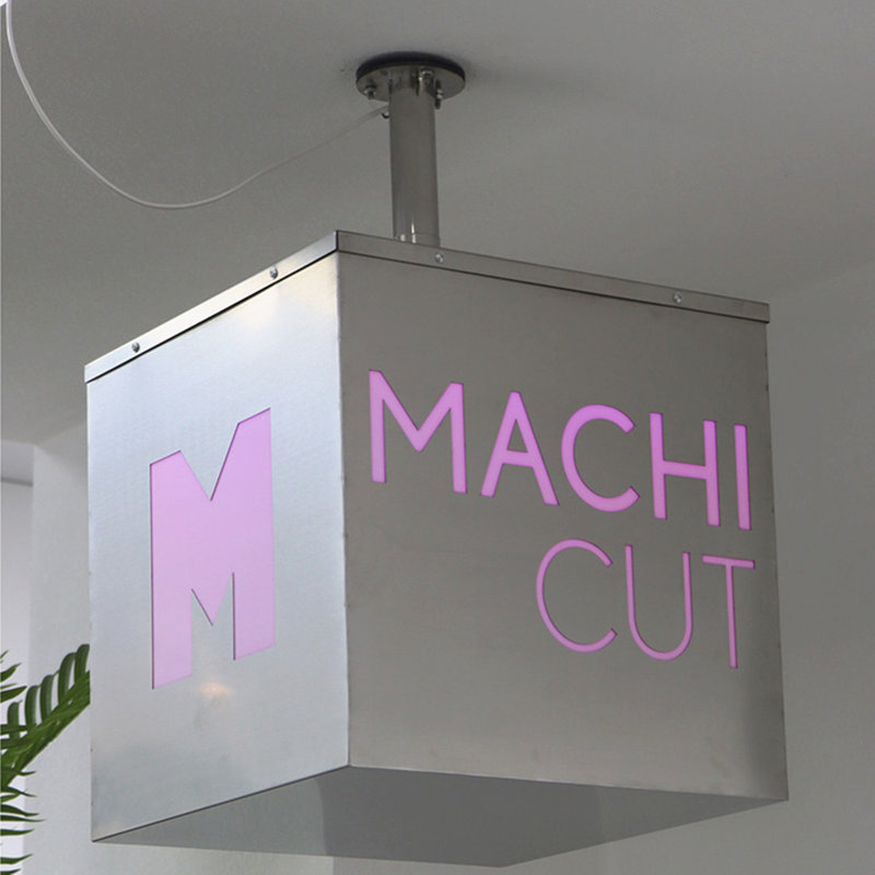 hollow out cube projecting light box with pink light