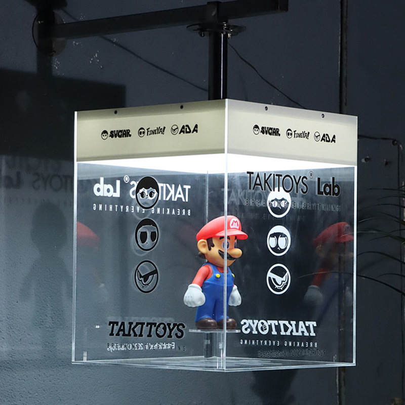 ceiling hanging clear cube rotating acrylic lightbox with Mario figure