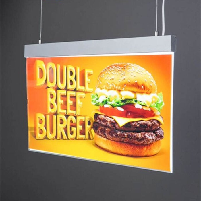 hanging double sided slide in acryic lightbox with custom printed hamburger graphic poster