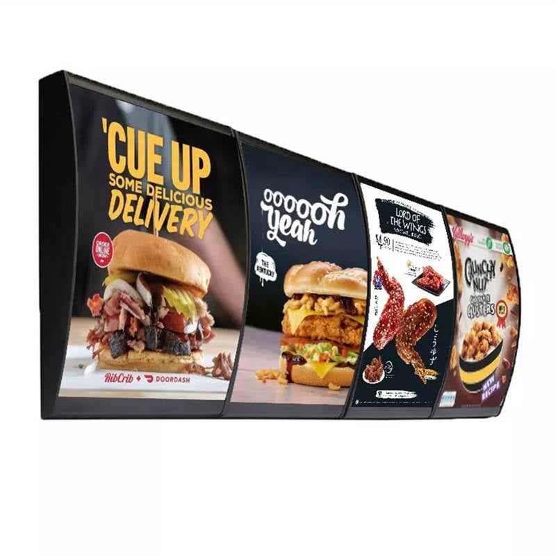 hanging menu light boxes with burgers graphics