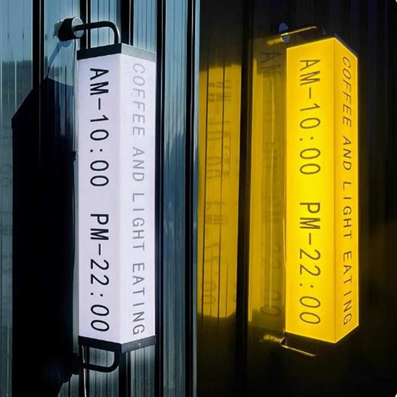 wall mounted square tube acrylic light box signage with yellow light on and off compare