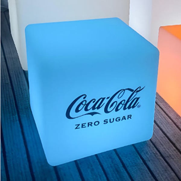 white cube light with white led and custom printed with coca cola brand logo