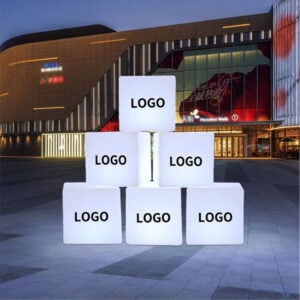 custom printed stacked light up led cubes boxes seats lights at commercial plaza