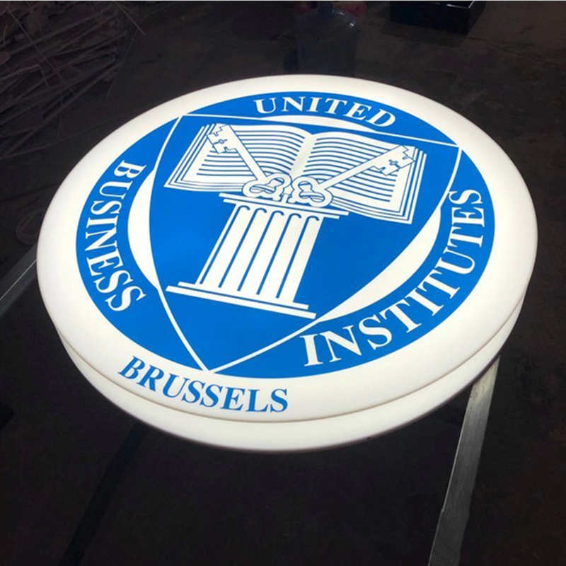 white round acrylic light box sign custom printed with blue logo