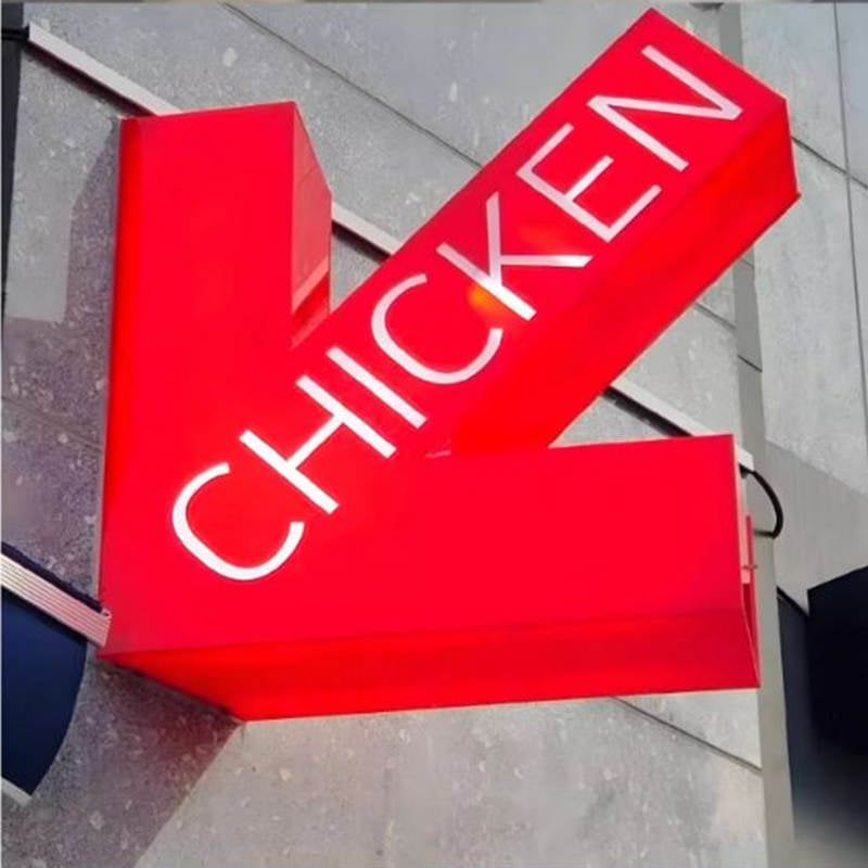 red projecting arrow acrylic light box sign