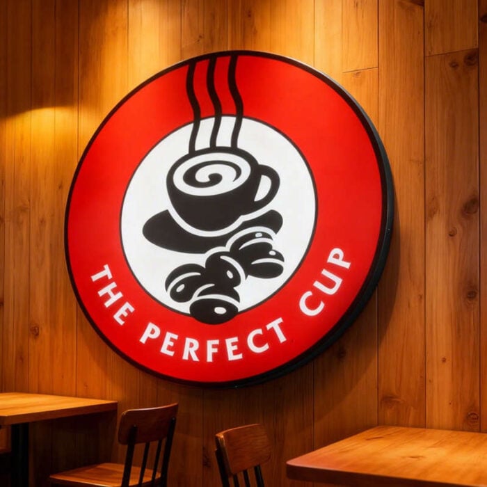 wall mounted circular lightbox with black frame and logo printed