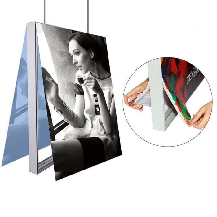hanging double sided backlit fabric display easy to change graphics