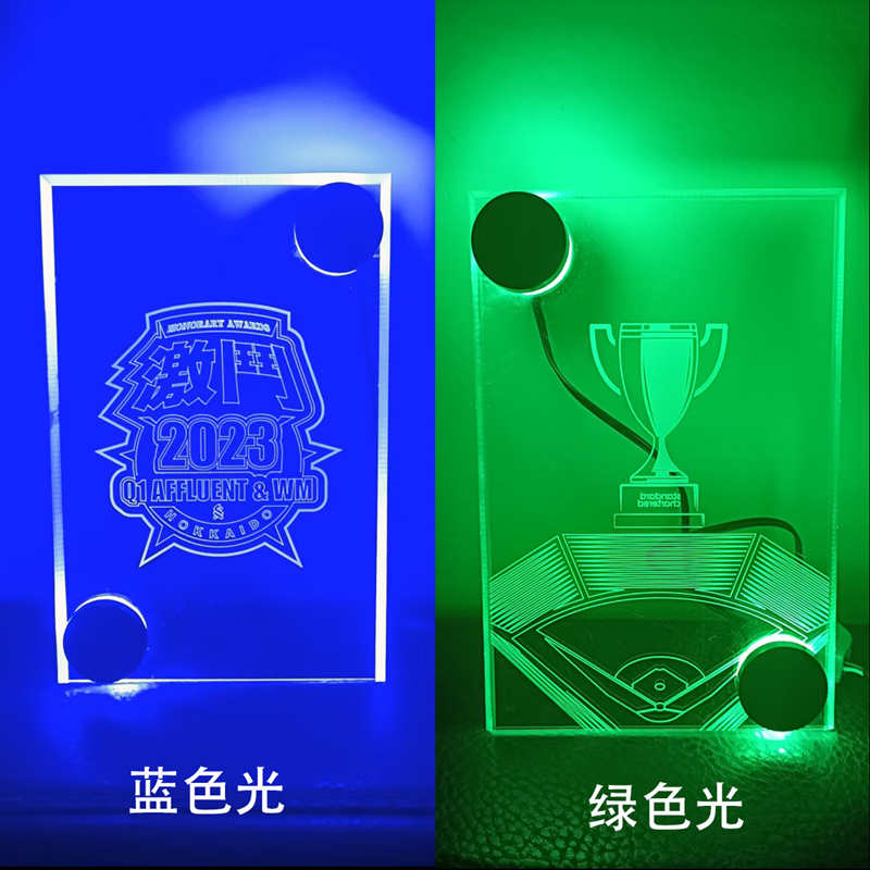 2 blue and green light wall mounted acrylic edge lit signs